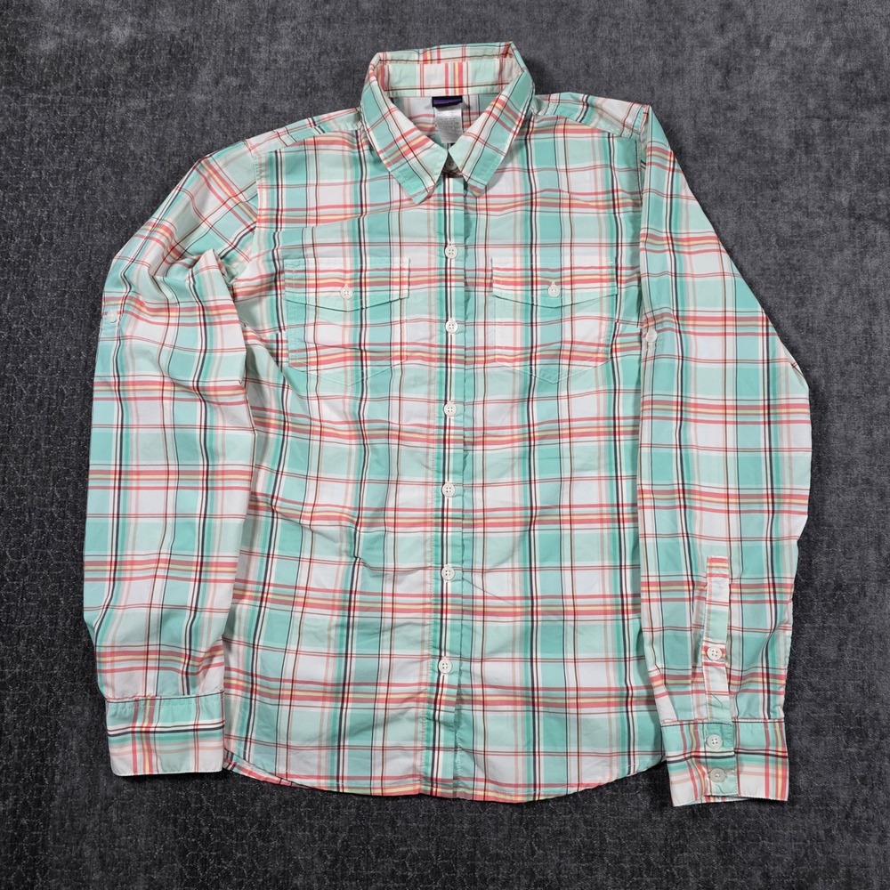 Patagonia Womens Plaid Long Sleeve Roll Tab Hiking Shirt Mint Pink Size 4 Flaw